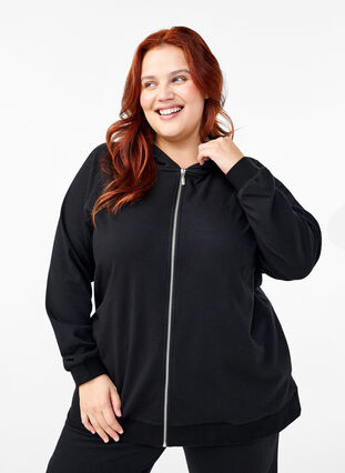 Zizzi Sweat-Cardigan mit Kapuze und Taschen, Black, Model image number 0