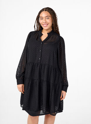 Zizzi Strukturiertes kurzes Kleid mit Rüschenkragen, Black, Model image number 0