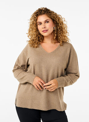 Zizzi  Strickbluse mit V-Ausschnitt, Desert Taupe Melange, Model image number 0