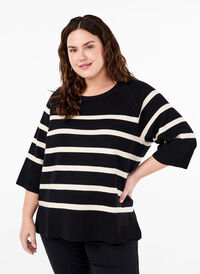 Strickbluse mit 3/4-Arm und Streifen, Black Birch Stripes, Model