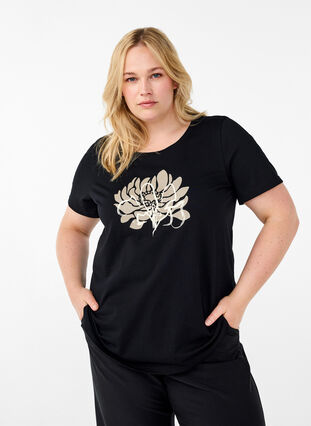 Zizzi T-Shirt mit Motiv, Black w. Flower, Model image number 0