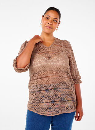 Zizzi Bluse mit Lochmuster und 3/4-Ärmeln, Fossil , Model image number 0