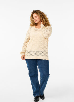 Zizzi  Gestrickte Bluse mit Muschelmuster, Birch, Model image number 2