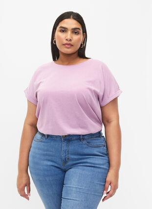Zizzi Kurzärmliges T-Shirt aus einer Baumwollmischung, Lavender Mist, Model image number 0