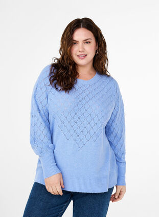 Zizzi  Strickbluse mit Spitzenmuster, Cornflower Blue Mel., Model image number 0