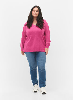 Zizzi Melange Pullover mit V-Ausschnitt, Rose V. w. White Mel, Model image number 2