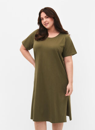 Zizzi Baumwollkleid mit kurzen Ärmeln, Ivy Green, Model image number 0