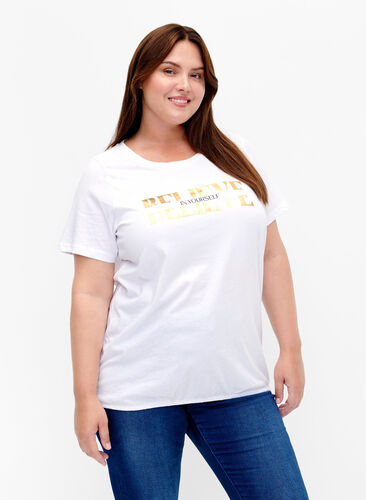 Zizzi Baumwoll-T-Shirt mit Folien-Druck, B. White w. Believe, Model image number 0