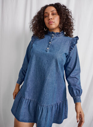 Zizzi Denim-Kleid mit Rüschen und A-Ausschnitt, Blue Denim, Image image number 0