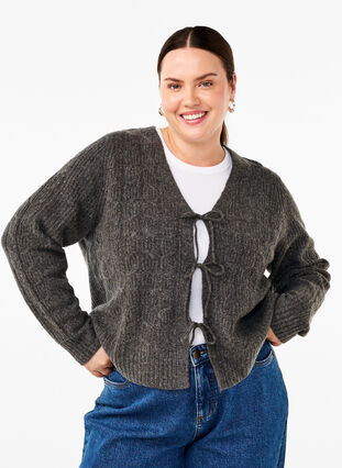 Zizzi Strickjacke mit Bindedetails, Dark Grey Melange, Model image number 0