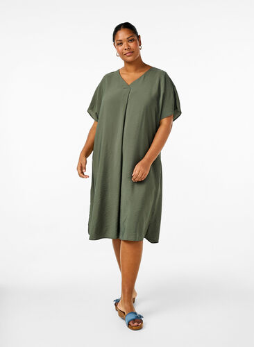 Zizzi Kleid aus Viskose mit V-Ausschnitt, Thyme, Model image number 0
