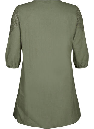 Zizzi Kleid aus einer Baumwollmischung mit Leinen und Häkeldetails, Deep Lichen Green, Packshot image number 1