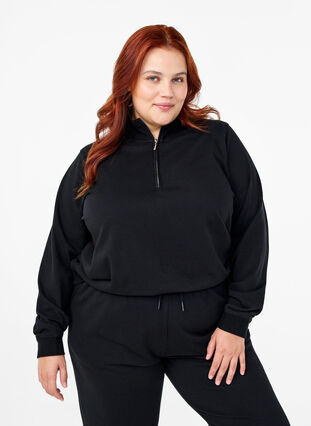 Zizzi Sweatshirt mit hohem Kragen und Reißverschluss, Black, Model image number 0