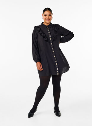 Zizzi Hemdblusenkleid mit Rüschen und Stickereien, Black, Model image number 3