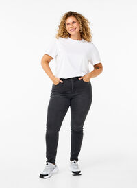 Amy Jeans mit hoher Taille und extra schlanker Passform, Dark Grey Denim, Model