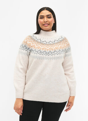 Zizzi Pullover mit Muster, Birch Mel. Comb, Model image number 0