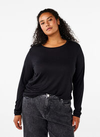 Langärmelige Bluse aus Wolle und Viskose, Black, Model