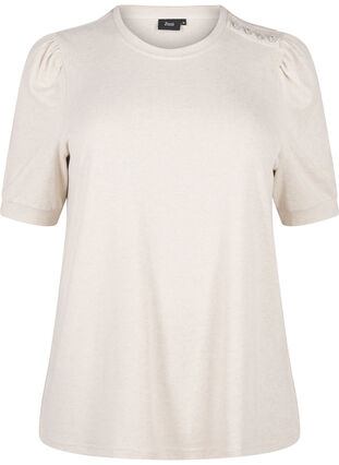 Zizzi Bluse mit Knopfdetail und kurzen Puffärmeln, Oatmeal White Mel., Packshot image number 0