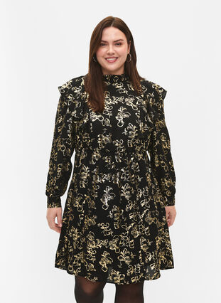 Zizzi Langärmeliges Kleid mit Rüschen und Foliendruck, Black Foil AOP, Model image number 2