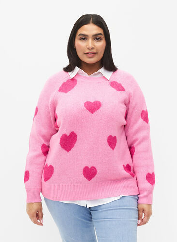 Zizzi Pullover mit Herzen, B. Pink/Raspberry R., Model image number 0