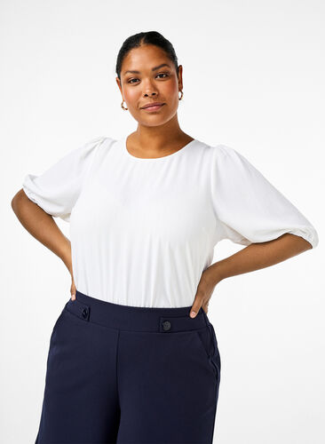 Zizzi Bluse mit kurzem Arm und Schleife hinten, Bright White, Model image number 0