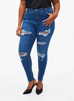 Zizzi Slim-Fit-Jeans mit Abriebdetails, Blue Denim, Model image number 2