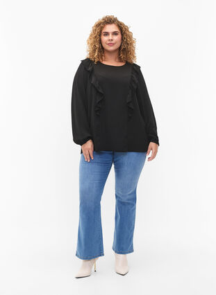 Zizzi Langärmelige Bluse mit Rüschen, Black, Model image number 2