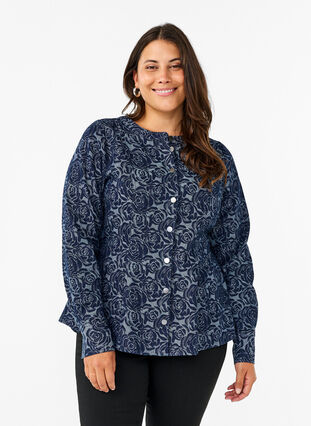 Zizzi Denim-Shirt mit Rosenmuster, Denim Rose AOP, Model image number 1