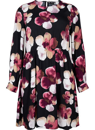 Zizzi Viskosekleid mit Druck und langen Ärmeln, Black Pink FlowerAOP, Packshot image number 0