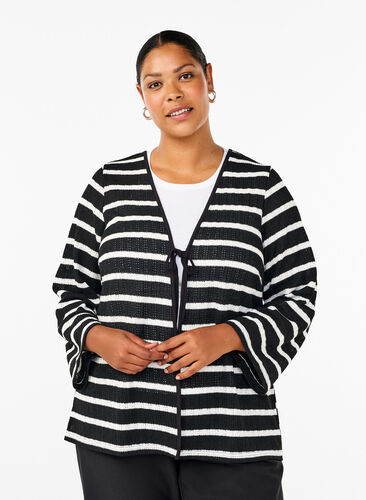 Zizzi Strickjacke mit Bindebändchen, Black White stripe, Model image number 0