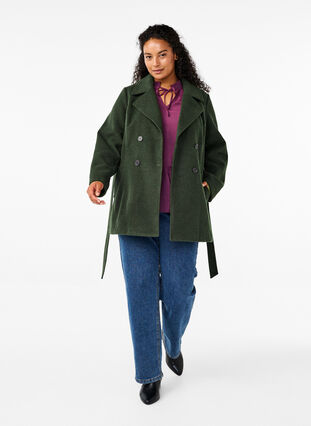 Zizzi Kurze Wolljacke mit Gürtel, Forest Night Mel., Model image number 2