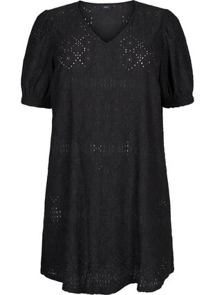 Zizzi Kurzes Kleid mit V-Ausschnitt und Lochmuster, Black, Packshot image number 0