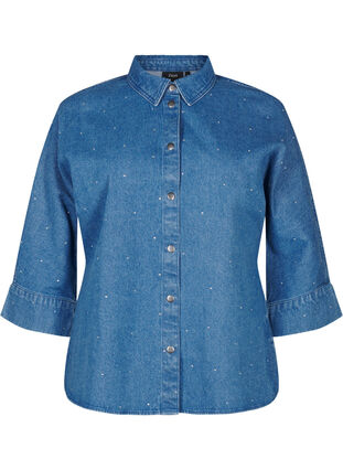 Zizzi Jeanshemd mit Strass-Steinchen und 3/4 Ärmeln, Bl. Denim Rhinestone, Packshot image number 0