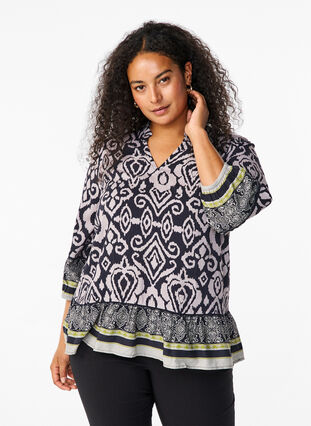 Zizzi Bluse mit Print und 3/4-Ärmeln, Black AOP, Model image number 0