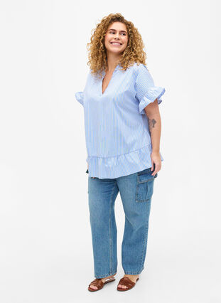 Zizzi Gestreifte Bluse mit Schößchen- und Rüschendetails, Blue Stripe, Model image number 2