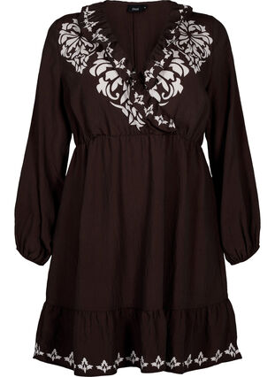 Zizzi Langärmeliges Viskosekleid mit Muster, Seal Brown, Packshot image number 0