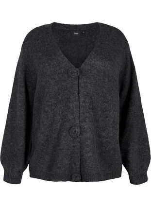 Zizzi Kurze Strickjacke mit Blumenknöpfen, Dark Grey Melange, Packshot image number 0