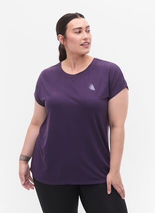 Zizzi Kurzarm Trainingsshirt, Purple Plumeria, Model image number 0
