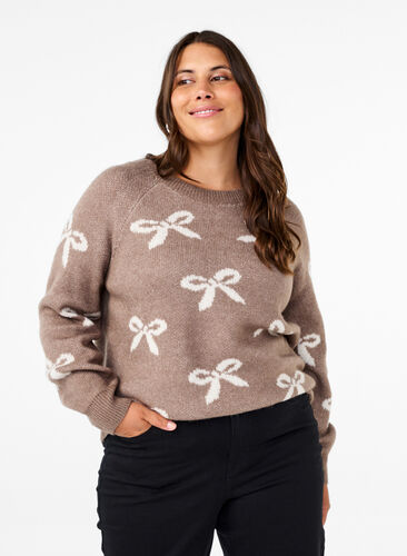 Zizzi Strickbluse mit Schleifen, Walnut Birch Comb, Model image number 0