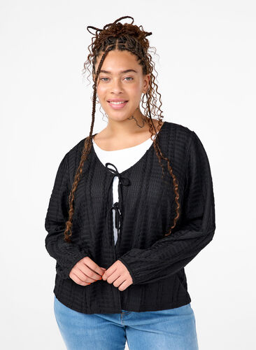 Zizzi Strickjacke mit Bändern, Black, Model image number 0