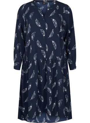 Zizzi Midi-Kleid mit langen Ärmeln, Navy B. Feather AOP, Packshot image number 0