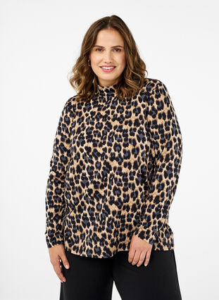 Zizzi FLASH - Langärmelige Bluse mit Rollkragen, Leopard Print , Model image number 0