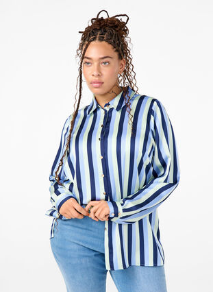 Zizzi Gestreiftes Hemd aus  Satin, Blue Stripe, Model image number 0