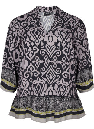 Zizzi Bluse mit Print und 3/4-Ärmeln, Black AOP, Packshot image number 0