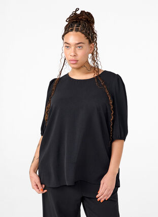 Zizzi Bluse mit kurzem Arm und Schleife hinten, Black, Model image number 0