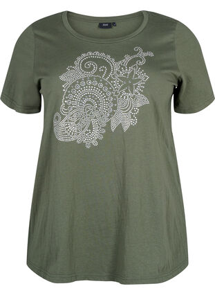 Zizzi Baumwoll-T-Shirt mit Strass-Motiv, Thyme w. Rhinestones, Packshot image number 0