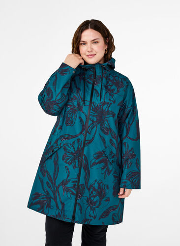 Zizzi Regenjacke mit Druck, Deep Teal Black, Model image number 0