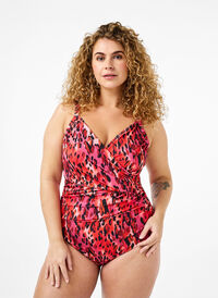 Badeanzug mit Print und Wickeleffekt, Red Leopard AOP, Model