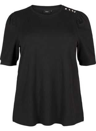 Zizzi Bluse mit Knopfdetail und kurzen Puffärmeln, Black, Packshot image number 0