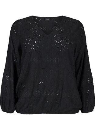 Zizzi  Langärmelige Bluse mit V-Ausschnitt und Lochmuster, Black, Packshot image number 0